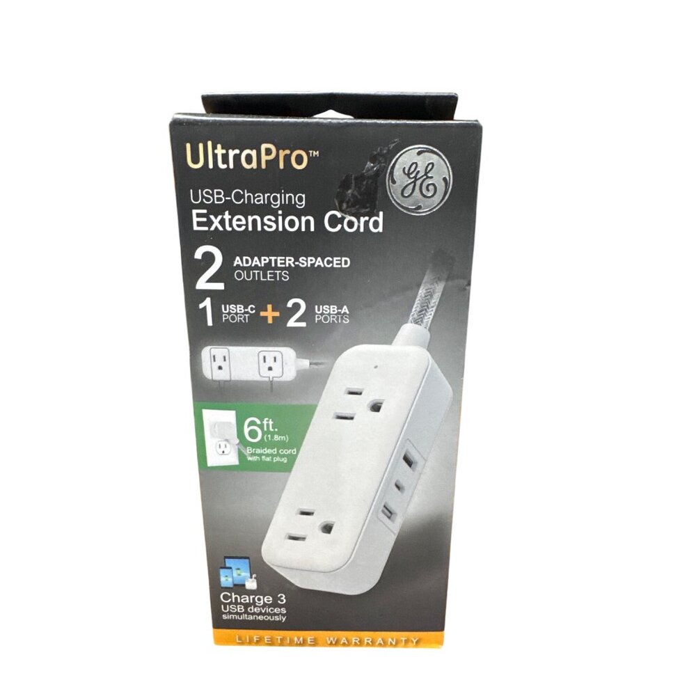 UltraPro USB-Charging Extension Cord 2 Outlets + 2 USB Ports 6 Ft Braided Cable